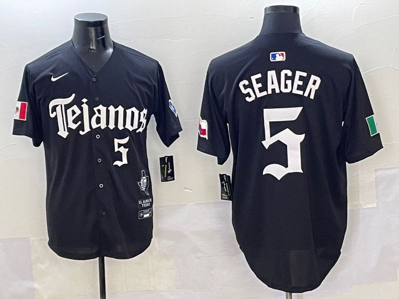 Men Texas Rangers 5 Seager Black Five generations Joint Name 2025 Nike MLB Jersey style 5